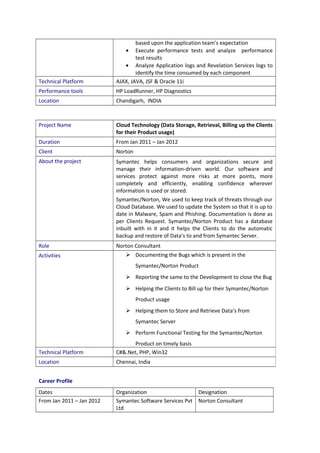based upon the application team’s expectation 
· Execute performance tests and analyze performance 
test results 
· Analyze Application logs and Revelation Services logs to 
identify the time consumed by each component 
Technical Platform AJAX, JAVA, JSF & Oracle 11i 
Performance tools HP LoadRunner, HP Diagnostics 
Location Chandigarh, INDIA 
Project Name Cloud Technology (Data Storage, Retrieval, Billing up the Clients 
Career Profile 
Dates Organization Designation 
From Jan 2011 – Jan 2012 Symantec Software Services Pvt 
Ltd 
Norton Consultant 
for their Product usage) 
Duration From Jan 2011 – Jan 2012 
Client Norton 
About the project Symantec helps consumers and organizations secure and 
manage their information-driven world. Our software and 
services protect against more risks at more points, more 
completely and efficiently, enabling confidence wherever 
information is used or stored. 
Symantec/Norton, We used to keep track of threats through our 
Cloud Database. We used to update the System so that it is up to 
date in Malware, Spam and Phishing. Documentation is done as 
per Clients Request. Symantec/Norton Product has a database 
inbuilt with in it and it helps the Clients to do the automatic 
backup and restore of Data’s to and from Symantec Server. 
Role Norton Consultant 
Activities  Documenting the Bugs which is present in the 
Symantec/Norton Product 
 Reporting the same to the Development to close the Bug 
 Helping the Clients to Bill up for their Symantec/Norton 
Product usage 
 Helping them to Store and Retrieve Data’s from 
Symantec Server 
 Perform Functional Testing for the Symantec/Norton 
Product on timely basis 
Technical Platform C#&.Net, PHP, Win32 
Location Chennai, India 
 