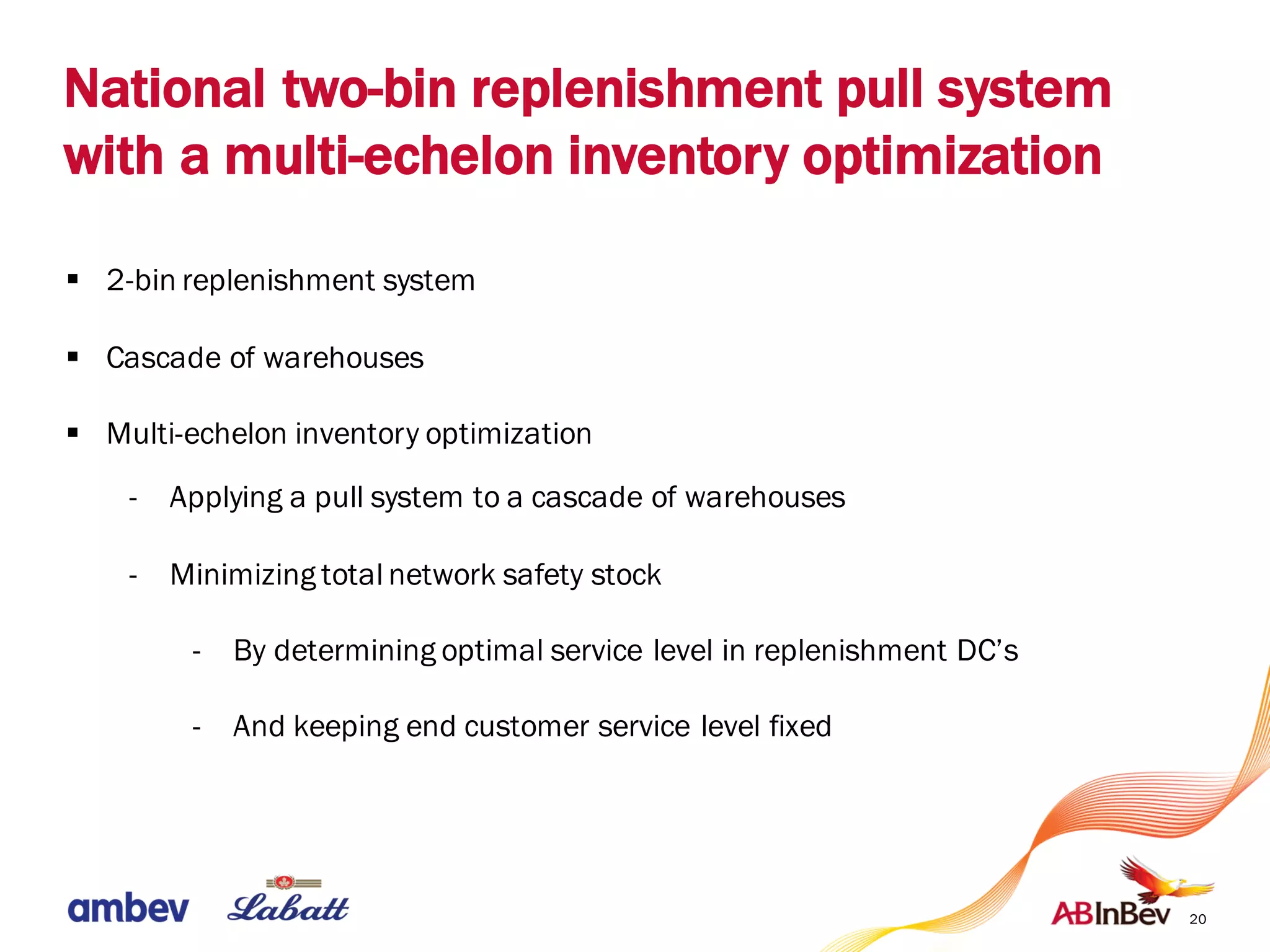 20
National two-bin replenishment pull system
with a multi-echelon inventory optimization
§ 2-bin replenishment system
§ Cascade of warehouses
§ Multi-echelon inventory optimization
- Applying a pull system to a cascade of warehouses
- Minimizing total network safety stock
- By determining optimal service level in replenishment DC’s
- And keeping end customer service level fixed
 