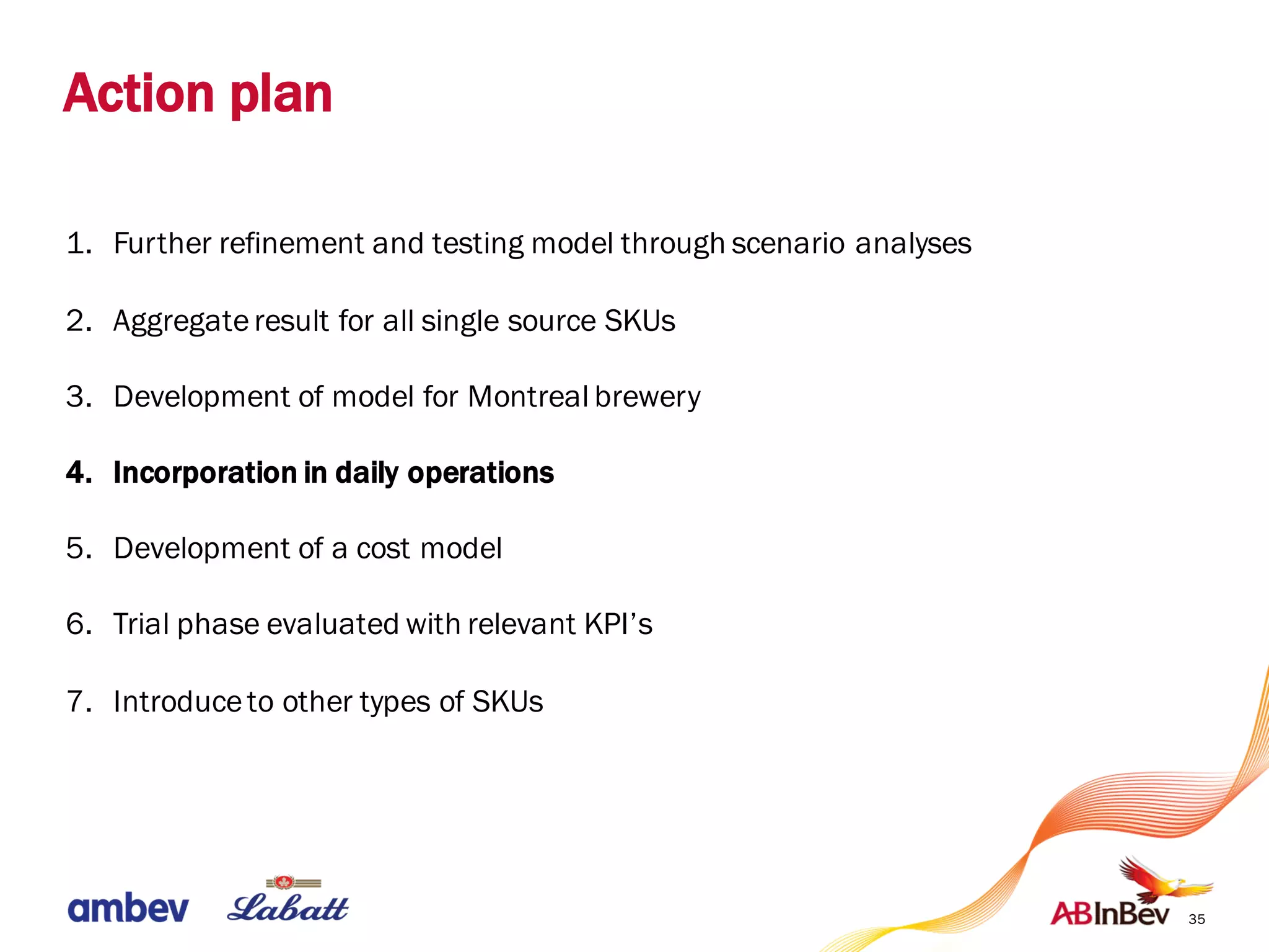 35
Action plan
1. Further refinement and testing model through scenario analyses
2. Aggregateresult for all single source SKUs
3. Development of model for Montreal brewery
4. Incorporation in daily operations
5. Development of a cost model
6. Trial phase evaluated with relevant KPI’s
7. Introduceto other types of SKUs
 