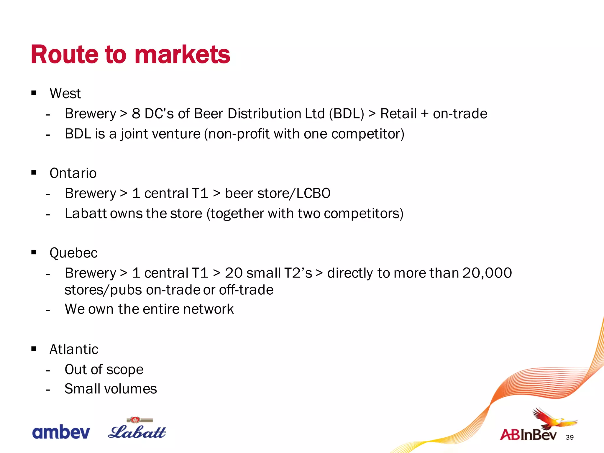 Route to markets
§ West
- Brewery > 8 DC’s of Beer Distribution Ltd (BDL) > Retail + on-trade
- BDL is a joint venture (non-profit with one competitor)
§ Ontario
- Brewery > 1 central T1 > beer store/LCBO
- Labatt owns the store (together with two competitors)
§ Quebec
- Brewery > 1 central T1 > 20 small T2’s> directly to more than 20,000
stores/pubs on-tradeor off-trade
- We own the entire network
§ Atlantic
- Out of scope
- Small volumes
39
 