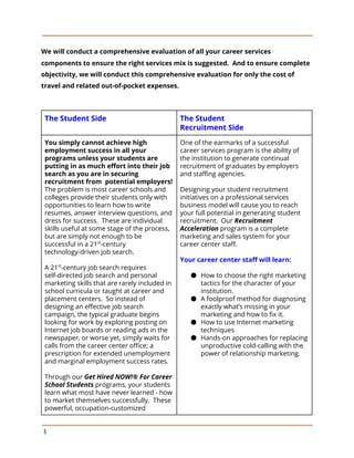 We will conduct a comprehensive evaluation of all your career services
components to ensure the right services mix is suggested. And to ensure complete
objectivity, we will conduct this comprehensive evaluation for only the cost of
travel and related out-of-pocket expenses.
The Student Side The Student
Recruitment Side
You simply cannot achieve high
employment success in all your
programs unless your students are
putting in as much effort into their job
search as you are in securing
recruitment from potential employers!
The problem is most career schools and
colleges provide their students only with
opportunities to learn how to write
resumes, answer interview questions, and
dress for success. These are individual
skills useful at some stage of the process,
but are simply not enough to be
successful in a 21​st​
-century
technology-driven job search.
A 21​st​
-century job search requires
self-directed job search and personal
marketing skills that are rarely included in
school curricula or taught at career and
placement centers. So instead of
designing an effective job search
campaign, the typical graduate begins
looking for work by exploring posting on
Internet job boards or reading ads in the
newspaper, or worse yet, simply waits for
calls from the career center office; a
prescription for extended unemployment
and marginal employment success rates.
Through our ​Get Hired NOW!® For Career
School Students programs, your students
learn what most have never learned - how
to market themselves successfully. These
powerful, occupation-customized
One of the earmarks of a successful
career services program is the ability of
the institution to generate continual
recruitment of graduates by employers
and staffing agencies.
Designing your student recruitment
initiatives on a professional services
business model will cause you to reach
your full potential in generating student
recruitment. Our ​Recruitment
Acceleration program is a complete
marketing and sales system for your
career center staff.
Your career center staff will learn:
● How to choose the right marketing
tactics for the character of your
institution.
● A foolproof method for diagnosing
exactly what’s missing in your
marketing and how to fix it.
● How to use Internet marketing
techniques
● Hands-on approaches for replacing
unproductive cold-calling with the
power of relationship marketing.
6
 