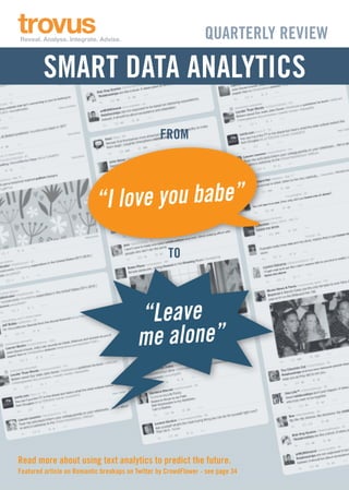 SMART DATA ANALYTICS
QUARTERLY REVIEW
FROM
TO
Read more about using text analytics to predict the future.
Featured article on Romantic breakups on Twitter by CrowdFlower - see page 34
“Leave
me alone”
“I love you babe”
 