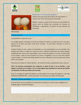 11
Ruta para el encuentro grupal 1
Subtema: Reconstrucción de la historia de vida familiar: el
vínculo como motor de reacciones emocionales.
Objetivo: Explorar a partir de las historias de vida familiar las
formas como las familias han construido sus vínculos, las
dificultades y capacidades y la manera en que expresan sus
emociones.
Metodología:
Ritual de iniciación:
Compartiendo lo mejor de mí ser:
Se entregan papeles recortados en forma de estrellas de colores y se pide que cierren sus ojos y
piensen en lo mejor que tienen como seres humanos. En ese mismo momento se narra el
siguiente texto:
Cuando miramos al cielo y vemos su inmensidad, aun nos sorprendemos al ver las estrellas, esos
puntitos que brillan y se dejan ver a pesar de estar a millones de kilómetros de nuestro planeta,
imaginemos que somos como esas estrellas y que lo mejor de nosotros es lo que nos hace brillar
con luz propia….todos los seres humanos son únicos e irrepetibles y eso es lo que hace especial
nuestro mundo…así como cada familia también es única y diferente y tiene ese toque que la hace
brillar con luz propia.
Pensemos en lo mejor de nuestra familia y de nosotros mismos y compartamos esto a viva voz.
Pida a las personas participantes que compartan lo mejor de ellas y de sus familias y que
peguen su estrella con el nombre en un corazón gigante que simbolizara el proceso de Familias
con bienestar, familias que brillan con luz propia
Nota: En un pliego de papel bond dibuje el corazón gigante con el logo del programa, y que diga
FAMILIAS CON BIENESTAR – Familias que brillan con luz propia y el nombre del Municipio
Momento 1 Nuevos aprendizajes
El cuento de las caricias calientitas: A continuación encontrara un cuento, léalo y adáptelo en el
lenguaje según el contexto del grupo.
 