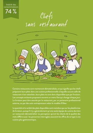 Intérêt des
consommateurs
74 %
Chefs
sans restaurant
Certains restaurants sont maintenant dématérialisés, ce qui signifie que les chefs
préparent leurs plats dans une cuisine professionnelle à laquelle aucune salle de
restaurant n’est rattachée ; leurs plats ne sont donc disponibles que par livraison.
Les concepts existants proposent souvent un menu fixe qui change chaque jour.
La livraison peut être assurée par le restaurant, par un partenaire professionnel
externe, ou par des auto-entrepreneurs selon le modèle d’Uber.
La quantité et la variété des plats disponibles sont moindres que sur les plateformes
de livraison, puisqu’il n’y a généralement qu’une seule équipe de cuisine derrière
un restaurant dématérialisé. La perception qu’ont les clients de la qualité des
mets diffère aussi : les personnes interrogées associent les offres de ce type à une
cuisine plus gastronomique.
 
