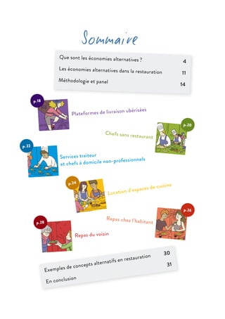 Que sont les économies alternatives ?	4
Les économies alternatives dans la restauration	11
Méthodologie et panel	 14
Sommaire
Exemples de concepts alternatifs en restauration	30
En conclusion	
31
Services traiteur
et chefs à domicile non-professionnels
p. 22
Plateformes de livraison ubérisées
p. 18
Chefs sans restaurant
p. 20
Location d’espaces de cuisinep. 24
Repas chez l’habitant
p. 26
Repas du voisin
p. 28
 