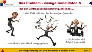 Partnergewinnung mit dem Franchise Business Club ® Seite 7
Das Problem - wenige Kandidaten &
bis zur Vertragsunterzeichnung, hat man …
… und dabei viel Geld ausgegeben
… sich sehr viel
Arbeit gemacht
... viel Zeit mit der Suche ver(sch)wendet
 
