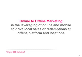 What is O2O Marketing?
Online to Offline Marketing
is the leveraging of online and mobile
to drive local sales or redempti...
