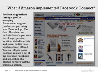page  What if Amazon implemented Facebook Connect? Product suggestions through profile scraping Amazon can suggest products to you using your Facebook profile data. This data can include: brands you are a fan of, age, gender, location, stated interests and more.  In this case, you have been offered Tommy Hilfiger polos because you are a fan of the brand on Facebook and a member of a college network that the shirt sells well in.  