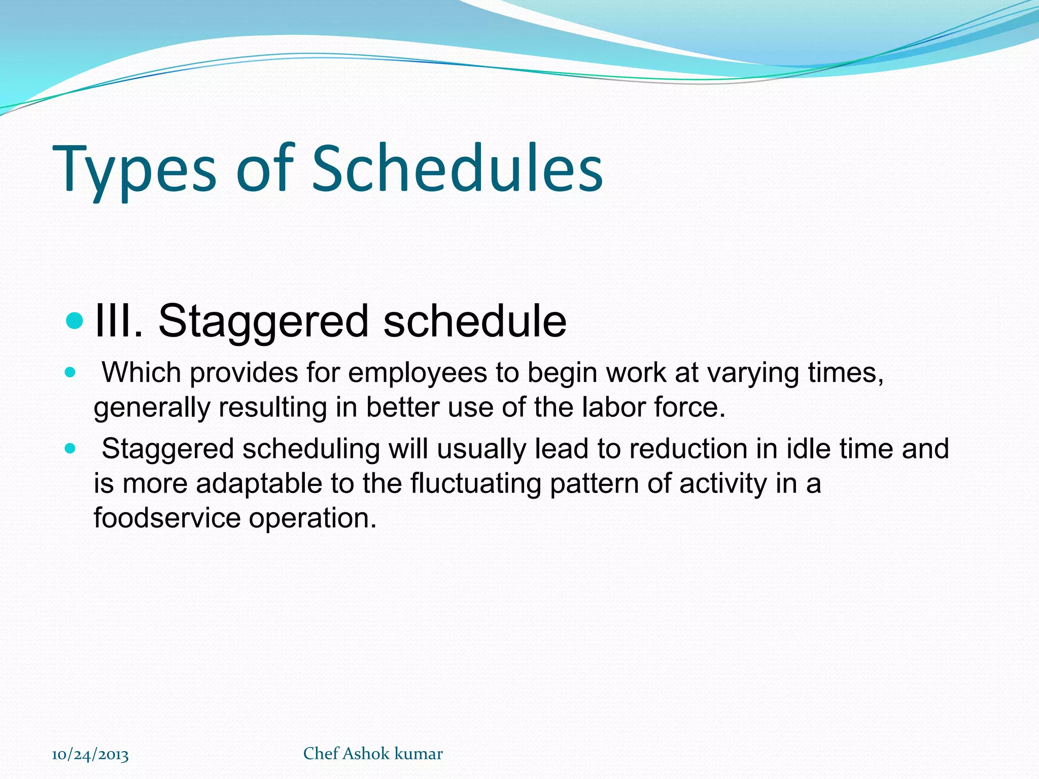 Types of Schedules
 III. Staggered schedule
 Which provides for employees to begin work at varying times,

generally resulting in better use of the labor force.
 Staggered scheduling will usually lead to reduction in idle time and
is more adaptable to the fluctuating pattern of activity in a
foodservice operation.

10/24/2013

Chef Ashok kumar

 