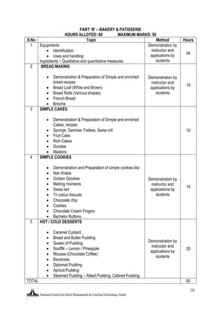National Council for Hotel Management & Catering Technology, Noida
.
10
PART ‘B’ – BAKERY & PATISSERIE
HOURS ALLOTED: 60 MAXIMUM MARKS: 50
S.No Topic Method Hours
1 Equipments
 Identification
 Uses and handling
Ingredients – Qualitative and quantitative measures
Demonstration by
instructor and
applications by
students
04
2 BREAD MAKING
 Demonstration & Preparation of Simple and enriched
bread recipes
 Bread Loaf (White and Brown)
 Bread Rolls (Various shapes)
 French Bread
 Brioche
Demonstration by
instructor and
applications by
students
10
3 SIMPLE CAKES
 Demonstration & Preparation of Simple and enriched
Cakes, recipes
 Sponge, Genoise, Fatless, Swiss roll
 Fruit Cake
 Rich Cakes
 Dundee
 Madeira
10
4 SIMPLE COOKIES
 Demonstration and Preparation of simple cookies like
 Nan Khatai
 Golden Goodies
 Melting moments
 Swiss tart
 Tri colour biscuits
 Chocolate chip
 Cookies
 Chocolate Cream Fingers
 Bachelor Buttons.
Demonstration by
instructor and
applications by
students
16
5 HOT / COLD DESSERTS
 Caramel Custard,
 Bread and Butter Pudding
 Queen of Pudding
 Soufflé – Lemon / Pineapple
 Mousse (Chocolate Coffee)
 Bavaroise
 Diplomat Pudding
 Apricot Pudding
 Steamed Pudding – Albert Pudding, Cabinet Pudding.
Demonstration by
instructor and
applications by
students
20
TOTAL 60
 
