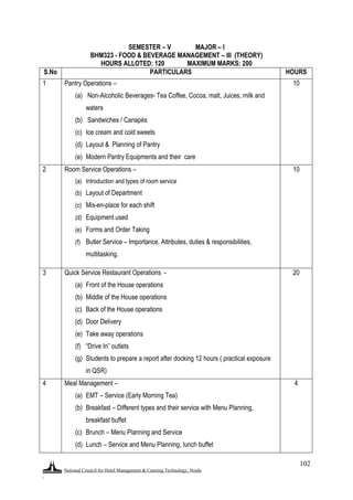 National Council for Hotel Management & Catering Technology, Noida
.
102
SEMESTER – V MAJOR – I
BHM323 - FOOD & BEVERAGE MANAGEMENT – III (THEORY)
HOURS ALLOTED: 120 MAXIMUM MARKS: 200
S.No PARTICULARS HOURS
1 Pantry Operations –
(a) Non-Alcoholic Beverages- Tea Coffee, Cocoa, malt, Juices, milk and
waters
(b) Sandwiches / Canapés
(c) Ice cream and cold sweets
(d) Layout & Planning of Pantry
(e) Modern Pantry Equipments and their care
10
2 Room Service Operations –
(a) Introduction and types of room service
(b) Layout of Department
(c) Mis-en-place for each shift
(d) Equipment used
(e) Forms and Order Taking
(f) Butler Service – Importance, Attributes, duties & responsibilities,
multitasking.
10
3 Quick Service Restaurant Operations -
(a) Front of the House operations
(b) Middle of the House operations
(c) Back of the House operations
(d) Door Delivery
(e) Take away operations
(f) “Drive In” outlets
(g) Students to prepare a report after docking 12 hours ( practical exposure
in QSR)
20
4 Meal Management –
(a) EMT – Service (Early Morning Tea)
(b) Breakfast – Different types and their service with Menu Planning,
breakfast buffet
(c) Brunch – Menu Planning and Service
(d) Lunch – Service and Menu Planning, lunch buffet
4
 