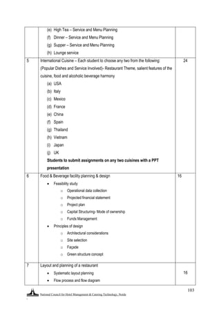 National Council for Hotel Management & Catering Technology, Noida
.
103
(e) High Tea – Service and Menu Planning
(f) Dinner – Service and Menu Planning
(g) Supper – Service and Menu Planning
(h) Lounge service
5 International Cuisine – Each student to choose any two from the following:
(Popular Dishes and Service Involved)- Restaurant Theme, salient features of the
cuisine, food and alcoholic beverage harmony
(a) USA
(b) Italy
(c) Mexico
(d) France
(e) China
(f) Spain
(g) Thailand
(h) Vietnam
(i) Japan
(j) UK
Students to submit assignments on any two cuisines with a PPT
presentation
24
6 Food & Beverage facility planning & design
 Feasibility study
o Operational data collection
o Projected financial statement
o Project plan
o Capital Structuring- Mode of ownership
o Funds Management
 Principles of design
o Architectural considerations
o Site selection
o Façade
o Green structure concept
16
7 Layout and planning of a restaurant
 Systematic layout planning
 Flow process and flow diagram
16
 