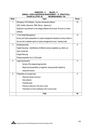 National Council for Hotel Management & Catering Technology, Noida
.
108
SEMESTER – V MAJOR – II
BHM324 - FOOD & BEVERAGE MANAGEMENT – IV (PRACTICAL)
HOURS ALLOTED: 60 MAXIMUM MARKS: 100
Sl.No. Topic Hours
1 Managing F & B Software - Any two reknowned software
(IDS, Fidellio, Shawman, PMS ,Micros , Opera etc.)
Students to be proficient in the college software and to dock 16 hours in a hotel
software
24
2 F & B Waste Management
Survey and report preparation on waste management adopted at various hotels in
the city with a detailed report on waste management of any 1 leading hotel.
12
3 Entrepreneurship
Capital Sourcing – Identification of different venture capitalists e.g. Bank, pvt
loans, bonds etc.
Project Planning
Project preparation for a F & B outlet
8
4 Legal requirements
- Survey of the regional legal permits
- Report and presentation on legal,fire, excise,permits needed by
restaurant owners
8
5 Preparation of a project plan
- Restaurant design and layout
- Data collection
- Feasibility study
- Drawing a restaurant or Bar plan to scale
- Presentation on funds mobilisation with a recovery plan
8
Total 60
 