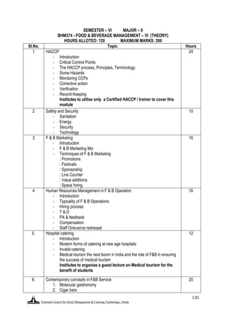 National Council for Hotel Management & Catering Technology, Noida
.
120
SEMESTER – VI MAJOR – II
BHM374 - FOOD & BEVERAGE MANAGEMENT – VI (THEORY)
HOURS ALLOTED: 120 MAXIMUM MARKS: 200
Sl.No. Topic Hours
1 HACCP
- Introduction
- Critical Control Points
- The HACCP process, Principles, Terminology
- Some Hazards
- Monitoring CCPs
- Corrective action
- Verification
- Record Keeping
Institutes to utilise only a Certified HACCP / trainer to cover this
module
24
2 Safety and Security
- Sanitation
- Energy
- Security
- Technology
10
3 F & B Marketing
- Introduction
- F & B Marketing Mix
- Techniques of F & B Marketing
: Promotions
: Festivals
: Sponsorship
: Live Counter
: Value additions
: Space hiring
16
4 Human Resources Management in F & B Operation
- Introduction
- Typicality of F & B Operations
- Hiring process
- T & D
- PA & feedback
- Compensation
- Staff Grievance redressal
16
5. Hospital catering
- Introduction
- Modern forms of catering at new age hospitals
- Invalid catering
- Medical tourism the next boom in India and the role of F&B in ensuring
the success of medical tourism
Institutes to organise a guest lecture on Medical tourism for the
benefit of students
12
6. Contemporary concepts in F&B Service
1. Molecular gastronomy
2. Cigar bars
20
 