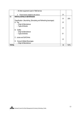 National Council for Hotel Management & Catering Technology, Noida
.
13
- All other equipment used in F&B Service
 French terms related to the above 01
05 NON-ALCOHOLIC BEVERAGES
Classification (Nourishing, Stimulating and Refreshing beverages)
A. Tea
- Origin & Manufacture
- Types & Brands
B. Coffee
- Origin & Manufacture
- Types & Brands
C. Juices and Soft Drinks
D. Cocoa & Malted Beverages
- Origin & Manufacture
01
01
01
01
01
20%
TOTAL 30 100%
 