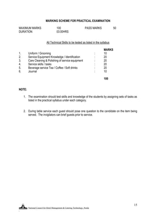 National Council for Hotel Management & Catering Technology, Noida
.
15
MARKING SCHEME FOR PRACTICAL EXAMINATION
MAXIMUM MARKS 100 PASS MARKS 50
DURATION 03.00HRS
All Technical Skills to be tested as listed in the syllabus
MARKS
1. Uniform / Grooming : 10
2. Service Equipment Knowledge / Identification : 20
3. Care Cleaning & Polishing of service equipment : 20
4. Service skills / tasks : 20
5. Beverage service Tea / Coffee / Soft drinks : 20
6. Journal : 10
100
NOTE:
1. The examination should test skills and knowledge of the students by assigning sets of tasks as
listed in the practical syllabus under each category.
2. During table service each guest should pose one question to the candidate on the item being
served. The invigilators can brief guests prior to service.
 