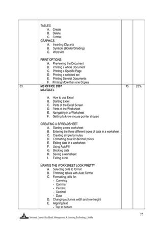 National Council for Hotel Management & Catering Technology, Noida
.
25
TABLES
A. Create
B. Delete
C. Format
GRAPHICS
A. Inserting Clip arts
B. Symbols (Border/Shading)
C. Word Art
PRINT OPTIONS
A. Previewing the Document
B. Printing a whole Document
C. Printing a Specific Page
D. Printing a selected set
E. Printing Several Documents
F. Printing More than one Copies
03 MS OFFICE 2007
MS-EXCEL
A. How to use Excel
B. Starting Excel
C. Parts of the Excel Screen
D. Parts of the Worksheet
E. Navigating in a Worksheet
F. Getting to know mouse pointer shapes
CREATING A SPREADSHEET
A. Starting a new worksheet
B. Entering the three different types of data in a worksheet
C. Creating simple formulas
D. Formatting data for decimal points
E. Editing data in a worksheet
F. Using AutoFill
G. Blocking data
H. Saving a worksheet
I. Exiting excel
MAKING THE WORKSHEET LOOK PRETTY
A. Selecting cells to format
B. Trimming tables with Auto Format
C. Formatting cells for:
- Currency
- Comma
- Percent
- Decimal
- Date
D. Changing columns width and row height
E. Aligning text
- Top to bottom
15 25%
 