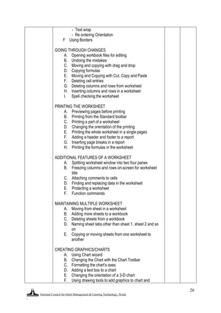 National Council for Hotel Management & Catering Technology, Noida
.
26
- Text wrap
- Re ordering Orientation
F Using Borders
GOING THROUGH CHANGES
A. Opening workbook files for editing
B. Undoing the mistakes
C. Moving and copying with drag and drop
D. Copying formulas
E. Moving and Copying with Cut, Copy and Paste
F. Deleting cell entries
G. Deleting columns and rows from worksheet
H. Inserting columns and rows in a worksheet
I. Spell checking the worksheet
PRINTING THE WORKSHEET
A. Previewing pages before printing
B. Printing from the Standard toolbar
C. Printing a part of a worksheet
D. Changing the orientation of the printing
E. Printing the whole worksheet in a single pages
F. Adding a header and footer to a report
G. Inserting page breaks in a report
H. Printing the formulas in the worksheet
ADDITIONAL FEATURES OF A WORKSHEET
A. Splitting worksheet window into two four panes
B. Freezing columns and rows on-screen for worksheet
title
C. Attaching comments to cells
D. Finding and replacing data in the worksheet
E. Protecting a worksheet
F. Function commands
MAINTAINING MULTIPLE WORKSHEET
A. Moving from sheet in a worksheet
B. Adding more sheets to a workbook
C. Deleting sheets from a workbook
D. Naming sheet tabs other than sheet 1, sheet 2 and so
on
E. Copying or moving sheets from one worksheet to
another
CREATING GRAPHICS/CHARTS
A. Using Chart wizard
B. Changing the Chart with the Chart Toolbar
C. Formatting the chart‟s axes
D. Adding a text box to a chart
E. Changing the orientation of a 3-D chart
F. Using drawing tools to add graphics to chart and
 