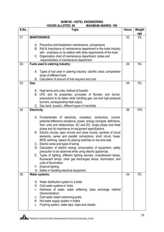 National Council for Hotel Management & Catering Technology, Noida
.
28
BHM106 - HOTEL ENGINEERING
HOURS ALLOTED: 60 MAXIMUM–MARKS: 100
S.No. Topic Hours Weight
age
01 MAINTENANCE:
A. Preventive and breakdown maintenance, comparisons
B. Roll & Importance of maintenance department in the hotel industry
with emphasis on its relation with other departments of the hotel.
C. Organization chart of maintenance department, duties and
responsibilities of maintenance department
03 5%
02. Fuels used in catering industry:
A. Types of fuel used in catering industry; calorific value; comparative
study of different fuels
B. Calculation of amount of fuel required and cost.
04 5%
03 Gas:
A. Heat terms and units; method of transfer
B. LPG and its properties; principles of Bunsen and burner,
precautions to be taken while handling gas; low and high-pressure
burners, corresponding heat output.
C. Gas bank, location, different types of manifolds
04 5%
04 Electricity:
A. Fundamentals of electricity, insulators, conductors, current,
potential difference resistance, power, energy concepts; definitions,
their units and relationships, AC and DC; single phase and three
phase and its importance on equipment specifications
B. Electric circuits, open circuits and close circuits, symbols of circuit
elements, series and parallel connections, short circuit, fuses;
MCB, earthing, reason for placing switches on live wire side.
C. Electric wires and types of wiring
D. Calculation of electric energy consumption of equipment, safety
precaution to be observed while using electric appliances.
E. Types of lighting, different lighting devices, incandescent lamps,
fluorescent lamps, other gas discharged lamps, illumination, and
units of illumination.
F. External lighting
G. Safety in handling electrical equipment.
06 10%
05. Water systems:
G. Water distribution system in a hotel
H. Cold water systems in India
I. Hardness of water, water softening, base exchange method
(Demonstration)
J. Cold water cistern swimming pools
K. Hot water supply system in hotels
L. Flushing system, water taps, traps and closets.
04 5%
 