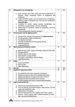 National Council for Hotel Management & Catering Technology, Noida
.
29
06 Refrigeration & Air-conditioning:
A. Basic principles, latent heat, boiling point and its dependence on
pressure, vapour compressor system of refrigeration and
refrigerants
B. Vapour absorption system, care and maintenance of refrigerators,
defrosting, types of refrigerant units, their care and maintenance.
(Demonstration)
C. Conditions for comfort, relative humidity, humidification, de-
humidifying, due point control, unit of air conditioning
D. Window type air conditioner, central air conditioning, preventive
maintenance
E. Vertical transportation, elevators, escalators.
10 15%
07 Fire prevention and fire fighting system:
A. Classes of fire, methods of extinguishing fires (Demonstration)
B. Fire extinguishes, portable and stationery
C. Fire detectors and alarm
D. Automatic fire detectors cum extinguishing devices
E. Structural protection
F. Legal requirements
04 10%
08 Waste disposal and pollution control:
A. Solid and liquid waste, sullage and sewage, disposal of solid waste
B. Sewage treatment
C. Pollution related to hotel industry
D. Water pollution, sewage pollution
E. Air pollution, noise pollution, thermal pollution
F. Legal Requirements
05 10%
09 Safety:
A. Accident prevention
B. Slips and falls
C. Other safety topics
01 5%
10. Security 01 10%
11. Equipment replacement policy:
A. Circumstances under which equipment are replaced.
B. Replacement policy of items which gradually deteriorates
C. Replacement when the average annual cost is minimum
D. Replacement when the present cost is minimum
E. Economic replacement cycle for suddenly failing equipment
05 5%
12. Audio visual equipments:
A. Various audio visual equipment used in hotel
B. Care and cleaning of overhead projector, slide projector, LCD and
power point presentation units
C. Maintenance of computers:
D. Care and cleaning of PC, CPU, Modem, UPS, Printer, Laptops
E. Sensors – Various sensors used in different locations of a hotel –
type, uses and cost effectiveness
08 10%
 