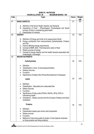National Council for Hotel Management & Catering Technology, Noida
.
31
BHM116 - NUTRITION
HOURS ALLOTED: 30 MAXIMUM MARKS: 100
S.No. Topic Hours Weight
age
01 BASIC ASPECTS
A. Definition of the terms Health, Nutrition and Nutrients
B. Importance of Food – (Physiological, Psychological and Social
function of food) in maintaining good health.
C. Classification of nutrients
01 5%
02 ENERGY
A. Definition of Energy and Units of its measurement (Kcal)
B. Energy contribution from macronutrients (Carbohydrates, Proteins
and Fat)
C. Factors affecting energy requirements
D. Concept of BMR, SDA, Thermodynamic action of food
E. Dietary sources of energy
F. Concept of energy balance and the health hazards associated with
Underweight, Overweight
03 10%
03 MACRO NUTRIENTS
Carbohydrates
 Definition
 Classification ( mono, di and polysaccharides)
 Dieteary Sources
 Functions
 Significance of dietary fibre (Prevention/treatment of diseases)
Lipids
 Definition
 Classification : Saturated and unsaturated fats
 Dietary Sources
 Functions
 Significance of Fatty acids (PUFAs, MUFAs, SFAs, EFA) in
maintaining health
 Cholesterol – Dietary sources and the Concept of dietary and blood
cholesterol
Proteins
 Definition
 Classification based upon amino acid composition
 Dietary sources
 Functions
 Methods of improving quality of protein in food (special emphasis
on Soya proteins and whey proteins)
04
04
04
10%
10%
10%
 
