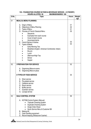 National Council for Hotel Management & Catering Technology, Noida
.
39
152 - FOUNDATION COURSE IN FOOD & BEVERAGE SERVICE – II (THEORY)
HOURS ALLOTED: 30 MAXIMUM MARKS: 100
S.No. Topic Hours Weight
age
01 MEALS & MENU PLANNING:
A. Origin of Menu
B. Objectives of Menu Planning
C. Types of Menu
D. Courses of French Classical Menu
 Sequence
 Examples from each course
 Cover of each course
 Accompaniments
E. French Names of dishes
F. Types of Meals
 Early Morning Tea
 Breakfast (English, American Continental, Indian)
 Brunch
 Lunch
 Afternoon/High Tea
 Dinner
 Supper
01
02
01
05
03
03
02 I PREPARATION FOR SERVICE
A. Organising Mise-en-scene
B. Organising Mise en place
II TYPES OF FOOD SERVICE
A. Silver service
B. Pre-plated service
C. Cafeteria service
D. Room service
E. Buffet service
F. Gueridon service
G. Lounge service
02
04
03 SALE CONTROL SYSTEM
A. KOT/Bill Control System (Manual)
 Triplicate Checking System
 Duplicate Checking System
 Single Order Sheet
 Quick Service Menu & Customer Bill
B. Making bill
C. Cash handling equipment
D. Record keeping (Restaurant Cashier)
06
 