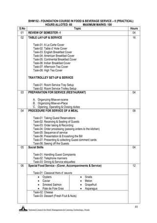 National Council for Hotel Management & Catering Technology, Noida
.
41
BHM152 - FOUNDATION COURSE IN FOOD & BEVERAGE SERVICE – II (PRACTICAL)
HOURS ALLOTED: 60 MAXIMUM MARKS: 100
S.No Topic Hours
01 REVIEW OF SEMESTER -1 04
02 TABLE LAY-UP & SERVICE
Task-01: A La Carte Cover
Task-02: Table d‟ Hote Cover
Task-03: English Breakfast Cover
Task-04: American Breakfast Cover
Task-05: Continental Breakfast Cover
Task-06: Indian Breakfast Cover
Task-07: Afternoon Tea Cover
Task-08: High Tea Cover
TRAY/TROLLEY SET-UP & SERVICE
Task-01: Room Service Tray Setup
Task-02: Room Service Trolley Setup
16
03 PREPARATION FOR SERVICE (RESTAURANT)
A. Organizing Mise-en-scene
B. Organizing Mise-en-Place
C. Opening, Operating & Closing duties
04
04 PROCEDURE FOR SERVICE OF A MEAL
Task-01: Taking Guest Reservations
Task-02: Receiving & Seating of Guests
Task-03: Order taking & Recording
Task-04: Order processing (passing orders to the kitchen)
Task-05: Sequence of service
Task-06: Presentation & Encashing the Bill
Task-07: Presenting & collecting Guest comment cards
Task-08: Seeing off the Guests
08
05 Social Skills
Task-01: Handling Guest Complaints
Task-02: Telephone manners
Task-03: Dining & Service etiquettes
04
06 Special Food Service - (Cover, Accompaniments & Service)
Task-01: Classical Hors d‟ oeuvre
12
 Oysters
 Caviar
 Smoked Salmon
 Pate de Foie Gras
 Snails
 Melon
 Grapefruit
 Asparagus
Task-02: Cheese
Task-03: Dessert (Fresh Fruit & Nuts)
 