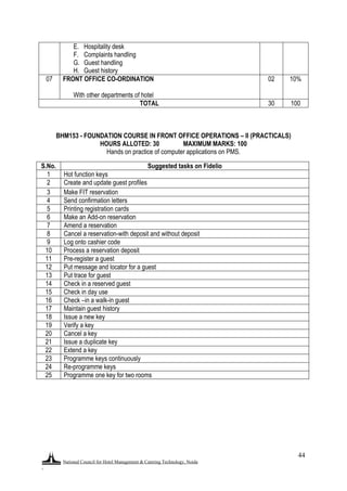 National Council for Hotel Management & Catering Technology, Noida
.
44
E. Hospitality desk
F. Complaints handling
G. Guest handling
H. Guest history
07 FRONT OFFICE CO-ORDINATION
With other departments of hotel
02 10%
TOTAL 30 100
BHM153 - FOUNDATION COURSE IN FRONT OFFICE OPERATIONS – II (PRACTICALS)
HOURS ALLOTED: 30 MAXIMUM MARKS: 100
Hands on practice of computer applications on PMS.
S.No. Suggested tasks on Fidelio
1 Hot function keys
2 Create and update guest profiles
3 Make FIT reservation
4 Send confirmation letters
5 Printing registration cards
6 Make an Add-on reservation
7 Amend a reservation
8 Cancel a reservation-with deposit and without deposit
9 Log onto cashier code
10 Process a reservation deposit
11 Pre-register a guest
12 Put message and locator for a guest
13 Put trace for guest
14 Check in a reserved guest
15 Check in day use
16 Check –in a walk-in guest
17 Maintain guest history
18 Issue a new key
19 Verify a key
20 Cancel a key
21 Issue a duplicate key
22 Extend a key
23 Programme keys continuously
24 Re-programme keys
25 Programme one key for two rooms
 