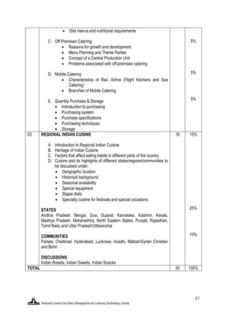 National Council for Hotel Management & Catering Technology, Noida
.
57
 Diet menus and nutritional requirements
C. Off Premises Catering
 Reasons for growth and development
 Menu Planning and Theme Parties
 Concept of a Central Production Unit
 Problems associated with off-premises catering
D. Mobile Catering
 Characteristics of Rail, Airline (Flight Kitchens and Sea
Catering)
 Branches of Mobile Catering
E. Quantity Purchase & Storage
 Introduction to purchasing
 Purchasing system
 Purchase specifications
 Purchasing techniques
 Storage
5%
5%
5%
03 REGIONAL INDIAN CUISINE
A. Introduction to Regional Indian Cuisine
B. Heritage of Indian Cuisine
C. Factors that affect eating habits in different parts of the country
D. Cuisine and its highlights of different states/regions/communities to
be discussed under:
 Geographic location
 Historical background
 Seasonal availability
 Special equipment
 Staple diets
 Specialty cuisine for festivals and special occasions
STATES
Andhra Pradesh, Bengal, Goa, Gujarat, Karnataka, Kashmir, Kerala,
Madhya Pradesh, Maharashtra, North Eastern States, Punjab, Rajasthan,
Tamil Nadu and Uttar Pradesh/Uttaranchal
COMMUNITIES
Parsee, Chettinad, Hyderabadi, Lucknowi, Avadhi, Malbari/Syrian Christian
and Bohri
DISCUSSIONS
Indian Breads, Indian Sweets, Indian Snacks
16 15%
25%
10%
TOTAL 30 100%
 