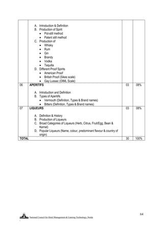 National Council for Hotel Management & Catering Technology, Noida
.
64
A. Introduction & Definition
B. Production of Spirit
 Pot-still method
 Patent still method
C. Production of
 Whisky
 Rum
 Gin
 Brandy
 Vodka
 Tequilla
D. Different Proof Spirits
 American Proof
 British Proof (Sikes scale)
 Gay Lussac (OIML Scale)
06 APERITIFS
A. Introduction and Definition
B. Types of Aperitifs
 Vermouth (Definition, Types & Brand names)
 Bitters (Definition, Types & Brand names)
03 08%
07 LIQUEURS
A. Definition & History
B. Production of Liqueurs
C. Broad Categories of Liqueurs (Herb, Citrus, Fruit/Egg, Bean &
Kernel)
D. Popular Liqueurs (Name, colour, predominant flavour & country of
origin)
03 08%
TOTAL 30 100%
 
