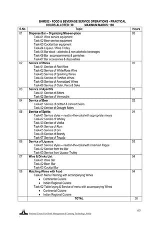 National Council for Hotel Management & Catering Technology, Noida
.
65
BHM202 - FOOD & BEVERAGE SERVICE OPERATIONS - PRACTICAL
HOURS ALLOTED: 30 MAXIMUM MARKS: 100
S.No Topic Hours
01 Dispense Bar – Organizing Mise-en-place
Task-01 Wine service equipment
Task-02 Beer service equipment
Task-03 Cocktail bar equipment
Task-04 Liqueur / Wine Trolley
Task-05 Bar stock - alcoholic & non-alcoholic beverages
Task-06 Bar accompaniments & garnishes
Task-07 Bar accessories & disposables
05
02 Service of Wines
Task-01 Service of Red Wine
Task-02 Service of White/Rose Wine
Task-03 Service of Sparkling Wines
Task-04 Service of Fortified Wines
Task-05 Service of Aromatized Wines
Task-06 Service of Cider, Perry & Sake
05
03 Service of Aperitifs
Task-01 Service of Bitters
Task-02 Service of Vermouths
03
04 Service of Beer
Task-01 Service of Bottled & canned Beers
Task-02 Service of Draught Beers
02
05 Service of Spirits
Task-01 Service styles – neat/on-the-rocks/with appropriate mixers
Task-02 Service of Whisky
Task-03 Service of Vodka
Task-04 Service of Rum
Task-05 Service of Gin
Task-06 Service of Brandy
Task-07 Service of Tequila
04
06 Service of Liqueurs
Task-01 Service styles – neat/on-the-rocks/with cream/en frappe
Task-02 Service from the Bar
Task-03 Service from Liqueur Trolley
03
07 Wine & Drinks List
Task-01 Wine Bar
Task-02 Beer Bar
Task-03 Cocktail Bar
04
08 Matching Wines with Food
Task-01 Menu Planning with accompanying Wines
 Continental Cuisine
 Indian Regional Cuisine
Task-02 Table laying & Service of menu with accompanying Wines
 Continental Cuisine
 Indian Regional Cuisine
04
TOTAL 30
 