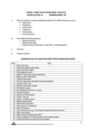National Council for Hotel Management & Catering Technology, Noida
.
67
BHM203 - FRONT OFFICE OPERATIONS - PRACTICAL
HOURS ALLOTED: 30 MAXIMUM MARKS: 100
A. Hands on practice of computer applications related to Front Office procedures such as
 Reservation,
 Registration,
 Guest History,
 Telephones,
 Housekeeping,
 Daily transactions
B. Front office accounting procedures
o Manual accounting
o Machine accounting
o Payable, Accounts Receivable, Guest History, Yield Management
C. Role Play
D. Situation Handling
SUGGESTIVE LIST OF TASKS FOR FRONT OFFICE OPERATION SYSTEM
S.No Topic
1 Hot function keys
2 Create and update guest profiles
3 Send confirmation letters
4 Print registration cards
5 Make FIT reservation & group reservation
6 Make an Add-on reservation
7 Amend a reservation
8 Cancel a reservation-with deposit and without deposit
9 Log onto cahier code
10 Process a reservation deposit
11 Pre-register a guest
12 Put message and locator for a guest
13 Put trace for guest
14 Check in a reserved guest
15 Check in day use
16 Check –in a walk-in guest
17 Maintain guest history
18 Make sharer reservation
19 Add a sharer to a reservation
20 Make A/R account
21 Take reservation through Travel Agent/Company/ Individual or Source
22 Make room change
23 Make check and update guest folios
24 Process charges for in-house guests and non-resident guests.
25 Handle allowances and discounts and packages
 