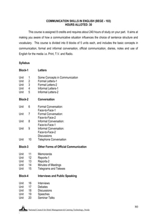 National Council for Hotel Management & Catering Technology, Noida
.
80
COMMUNICATION SKILLS IN ENGLISH (BEGE - 103)
HOURS ALLOTED: 30
This course is assigned 8 credits and requires about 240 hours of study on your part. It aims at
making you aware of how a communicative situation influences the choice of sentence structure and
vocabulary. This course is divided into 8 blocks of 5 units each, and includes the basic concepts in
communication, formal and informal conversation, official communication, diaries, notes and use of
English for the media i.e. Print, T.V. and Radio.
Syllabus
Block-1 Letters
Unit 1 Some Concepts in Communication
Unit 2 Formal Letters-1
Unit 3 Formal Letters-2
Unit 4 Informal Letters-1
Unit 5 Informal Letters-2
Block-2 Conversation
Unit 6 Formal Conversation:
Face-to-Face-1
Unit 7 Formal Conversation:
Face-to-Face-2
Unit 8 Informal Conversation:
Face-to-Face-1
Unit 9 Informal Conversation:
Face-to-Face-2
Discussions
Unit 10 Telephone Conversation
Block-3 Other Forms of Official Communication
Unit 11 Memoranda
Unit 12 Reports-1
Unit 13 Reports-2
Unit 14 Minutes of Meetings
Unit 15 Telegrams and Telexes
Block-4 Interviews and Public Speaking
Unit 16 Interviews
Unit 17 Debates
Unit 18 Discussions
Unit 19 Speeches
Unit 20 Seminar Talks
 
