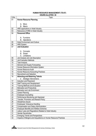 National Council for Hotel Management & Catering Technology, Noida
.
82
HUMAN RESOURCE MANAGEMENT (TS-07)
HOURS ALLOTED: 30
S.No. Topic
01 Human Resource Planning
A. Micro
B. Macro
02 HRD applications in Hotel Industry
03 Relevance of HRD in Hotel Industry
04 Personnel Office
A. Functions
B. Operations
05 Hotel Environment and Culture
06 HRD System
07 Job Evaluation
A. Concepts
B. Scope
C. Limitations
08 Job Analysis and Job Description
09 Job Evaluation Methods
10 Task Analysis
11 Demand and Supply Forecasting
12 Human Resource Information System
13 Human Resource Audit
14 Human Resource Accounting Practices
15 Recruitment and Selection
16 Attracting and Retaining Talents
 Strategic Interventions
17 Induction and Placement
18 Staff Training and Development
19 Training Methods and Evaluation
20 Motivation and Productivity
21 Motivation and Job Enrichment
22 Career Planning
23 Employee Counselling
24 Performance Monitoring and Appraisal
25 Transfer, Promotion and Reward Policy
26 Disciplinary Issues
27 Employees‟ Grievance Handling
28 Compensation and Salary Administration
29 Employee Benefits and Welfare Schemes
30 Labour Laws and Regulations Related to Hotel Industry
31 Gender Sensitivities
32 Emerging Trends and Perspectives
33 Impacts of Mergers and Acquisitions on Human Resource Practices
 