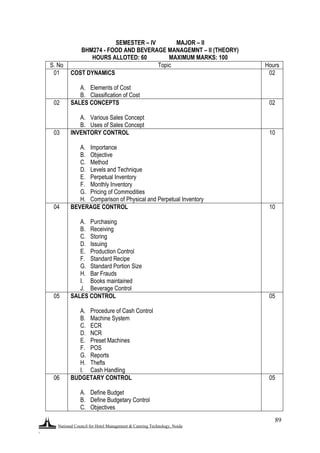 National Council for Hotel Management & Catering Technology, Noida
.
89
SEMESTER – IV MAJOR – II
BHM274 - FOOD AND BEVERAGE MANAGEMNT – II (THEORY)
HOURS ALLOTED: 60 MAXIMUM MARKS: 100
S. No Topic Hours
01 COST DYNAMICS
A. Elements of Cost
B. Classification of Cost
02
02 SALES CONCEPTS
A. Various Sales Concept
B. Uses of Sales Concept
02
03 INVENTORY CONTROL
A. Importance
B. Objective
C. Method
D. Levels and Technique
E. Perpetual Inventory
F. Monthly Inventory
G. Pricing of Commodities
H. Comparison of Physical and Perpetual Inventory
10
04 BEVERAGE CONTROL
A. Purchasing
B. Receiving
C. Storing
D. Issuing
E. Production Control
F. Standard Recipe
G. Standard Portion Size
H. Bar Frauds
I. Books maintained
J. Beverage Control
10
05 SALES CONTROL
A. Procedure of Cash Control
B. Machine System
C. ECR
D. NCR
E. Preset Machines
F. POS
G. Reports
H. Thefts
I. Cash Handling
05
06 BUDGETARY CONTROL
A. Define Budget
B. Define Budgetary Control
C. Objectives
05
 