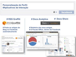 Personalização de Perfil: #Aplicativos de Interação#  DocsShare# DocsAnalytics# RSS Graffiti# Posteosartigos do Blog no Facebookautomaticamente# Relatório dos seus amigos# O Pacote Office, dentro do Facebook