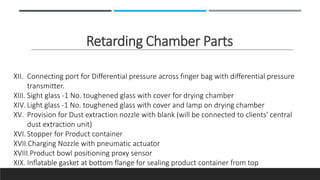 Retarding Chamber Parts
XII. Connecting port for Differential pressure across finger bag with differential pressure
transmitter.
XIII. Sight glass -1 No. toughened glass with cover for drying chamber
XIV.Light glass -1 No. toughened glass with cover and lamp on drying chamber
XV. Provision for Dust extraction nozzle with blank (will be connected to clients' central
dust extraction unit)
XVI.Stopper for Product container
XVII.Charging Nozzle with pneumatic actuator
XVIII.Product bowl positioning proxy sensor
XIX. Inflatable gasket at bottom flange for sealing product container from top
 