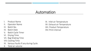 Automation
I. Product Name
II. Operator Name
III. Batch No.
IV. Batch Date
V. Batch Cycle Timer
VI. Drying Time
VII. Bag Shaking Time
VIII. Cooling Time
IX. Various Faults If any during Cycle.
X. Total air volume
XI. Inlet air Temperature
XII. Exhaust air Temperature
XIII. Product Temperature
XIV. Print interval
 