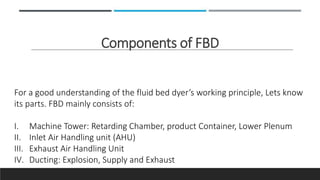 Components of FBD
For a good understanding of the fluid bed dyer’s working principle, Lets know
its parts. FBD mainly consists of:
I. Machine Tower: Retarding Chamber, product Container, Lower Plenum
II. Inlet Air Handling unit (AHU)
III. Exhaust Air Handling Unit
IV. Ducting: Explosion, Supply and Exhaust
 