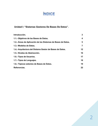 2
Unidad I: “Sistemas Gestores De Bases De Datos”.
Introducción. 3
1.1.- Objetivos de las Bases de Datos. 4
1.2.- Áreas de Aplicación de los Sistemas de Bases de Datos. 5
1.3.- Modelos de Datos. 7
1.4.- Arquitectura del Sistema Gestor de Bases de Datos. 12
1.5.- Niveles de Abstracción. 16
1.6.- Tipos de Usuarios. 17
1.7.- Tipos de Lenguajes. 18
1.8.- Tópicos selectos de Bases de Datos. 19
Referencias. 22
 