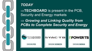 TODAY
TECHBOARD is present in the PCB,
Security and Energy markets
 Growing and Linking Quality from
PCBs to Complete Se...