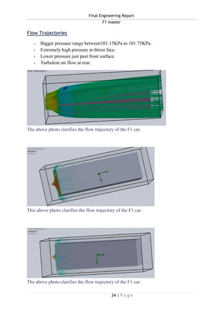 Final Engineering Report
F1 master
24 | P a g e
Flow Trajectories
- Bigger pressure range between101.15KPa to 101.75KPa.
- Extremely high pressure at thrust face.
- Lower pressure just past front surface.
- Turbulent air flow at rear.
The above photo clarifies the flow trajectory of the F1 car.
This above photo clarifies the flow trajectory of the F1 car.
The above photo clarifies the flow trajectory of the F1 car.
 