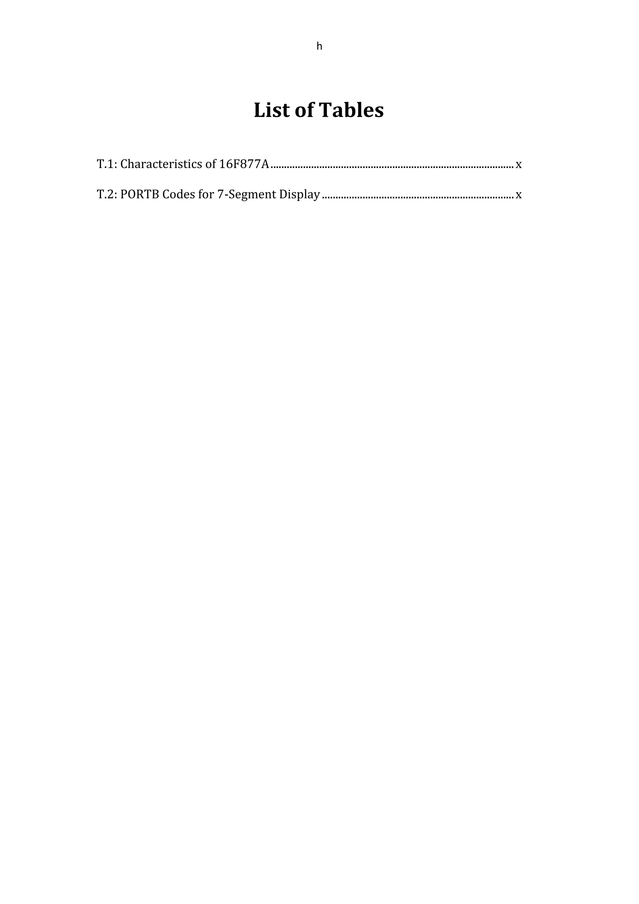 h
List of Tables
T.1: Characteristics of 16F877A..........................................................................................x
T.2: PORTB Codes for 7-Segment Display.......................................................................x
 
