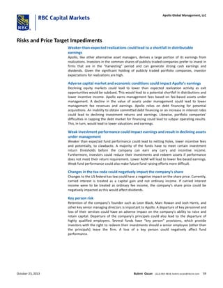 Risks and Price Target Impediments
Weaker-than-expected realizations could lead to a shortfall in distributable
earnings
Apollo, like other alternative asset managers, derives a large portion of its earnings from
realizations. Investors in the common shares of publicly traded companies prefer to invest in
firms that are in the “harvesting” period and can generate strong cash earnings and
dividends. Given the significant holding of publicly traded portfolio companies, investor
expectations for realizations are high.
Adverse capital market and economic conditions could impact Apollo’s earnings
Declining equity markets could lead to lower than expected realization activity as exit
opportunities would be subdued. This would lead to a potential shortfall in distributions and
lower incentive income. Apollo earns management fees based on fee-based assets under
management. A decline in the value of assets under management could lead to lower
management fee revenues and earnings. Apollo relies on debt financing for potential
acquisitions. An inability to obtain committed debt financing or an increase in interest rates
could lead to declining investment returns and earnings. Likewise, portfolio companies’
difficulties in tapping the debt market for financing could lead to subpar operating results.
This, in turn, would lead to lower valuations and earnings.
Weak investment performance could impact earnings and result in declining assets
under management
Weaker than expected fund performance could lead to netting holes, lower incentive fees
and potentially, to clawbacks. A majority of the funds have to meet certain investment
return thresholds before the company can earn any carry and incentive income.
Furthermore, investors could reduce their investments and redeem assets if performance
does not meet their return requirement. Lower AUM will lead to lower fee-based earnings.
Weak fund performance could also make future fund-raising efforts more difficult.
Changes in the tax code could negatively impact the company’s share
Changes to the US federal tax law could have a negative impact on the share price. Currently,
carried interest is treated as a capital gain and not ordinary income. If carried interest
income were to be treated as ordinary fee income, the company’s share price could be
negatively impacted as this would affect dividends.
Key person risk
Retention of the company’s founder such as Leon Black, Marc Rowan and Josh Harris, and
other key senior managing directors is important to Apollo. A departure of key personnel and
loss of their services could have an adverse impact on the company’s ability to raise and
retain capital. Departure of the company’s principals could also lead to the departure of
highly qualified employees. Several funds have “key person” provisions, which provide
investors with the right to redeem their investments should a senior employee (other than
the principals) leave the firm. A loss of a key person could negatively affect fund
performance.
October 23, 2013 Bulent Ozcan (212) 863-4818; bulent.ozcan@rbccm.com 59
Apollo Global Management, LLC
 