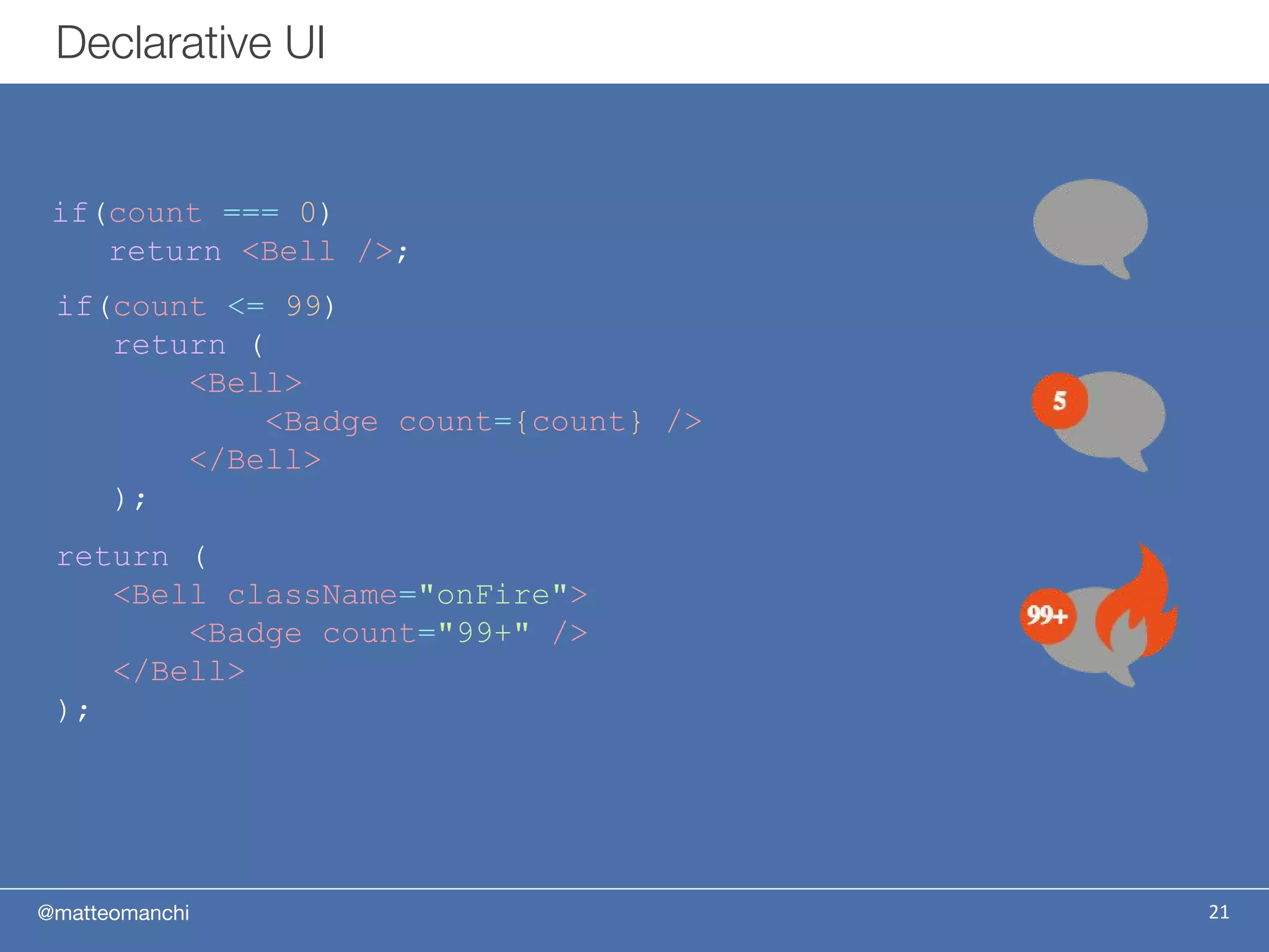 @matteomanchi
Declarative UI
21
if(count === 0)
return <Bell />;
if(count <= 99)
return (
<Bell>
<Badge count={count} />
</Bell>
);
return (
<Bell className="onFire">
<Badge count="99+" />
</Bell>
);
 