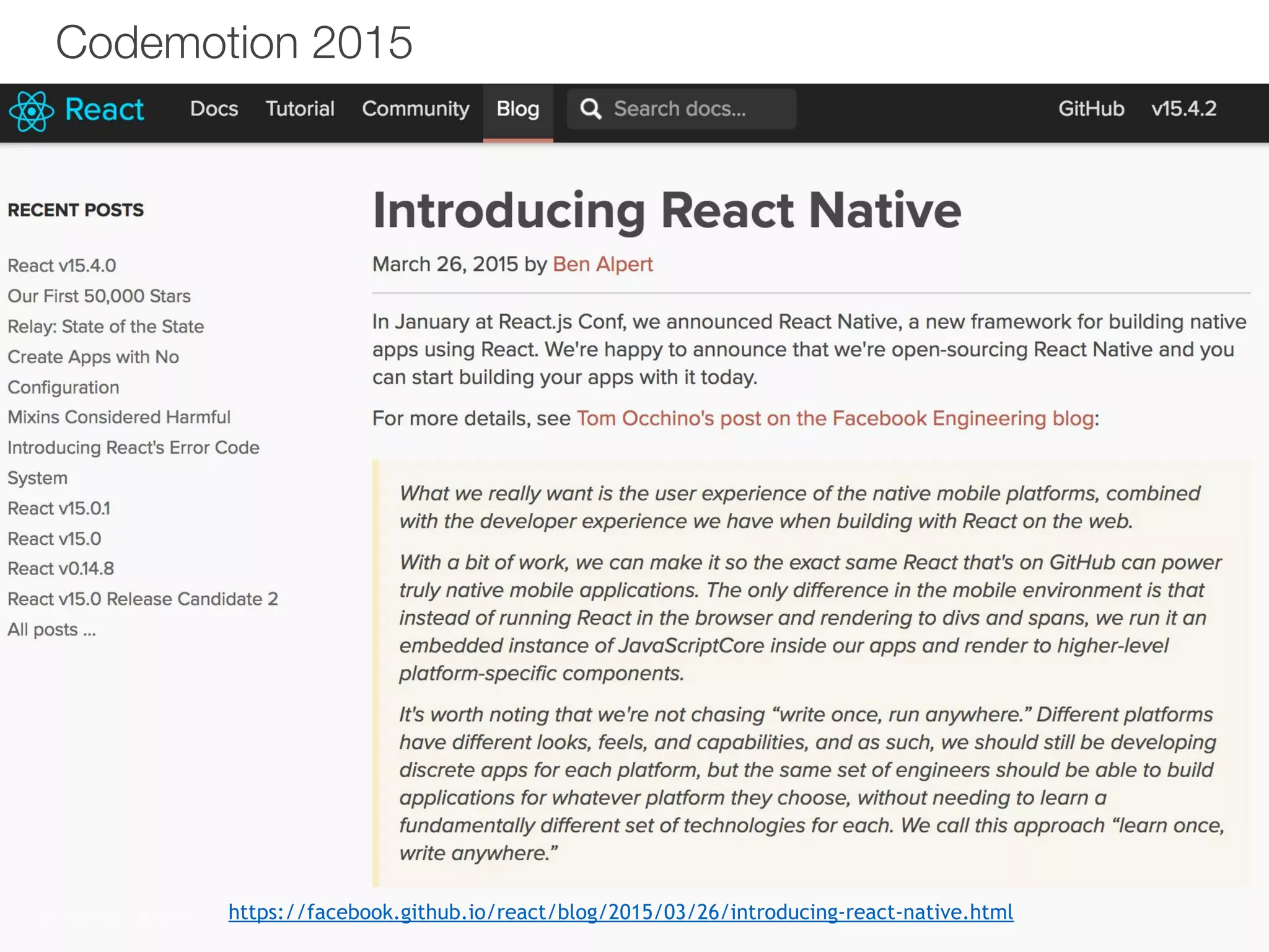 @matteomanchi
Codemotion 2015
https://facebook.github.io/react/blog/2015/03/26/introducing-react-native.html 25
 