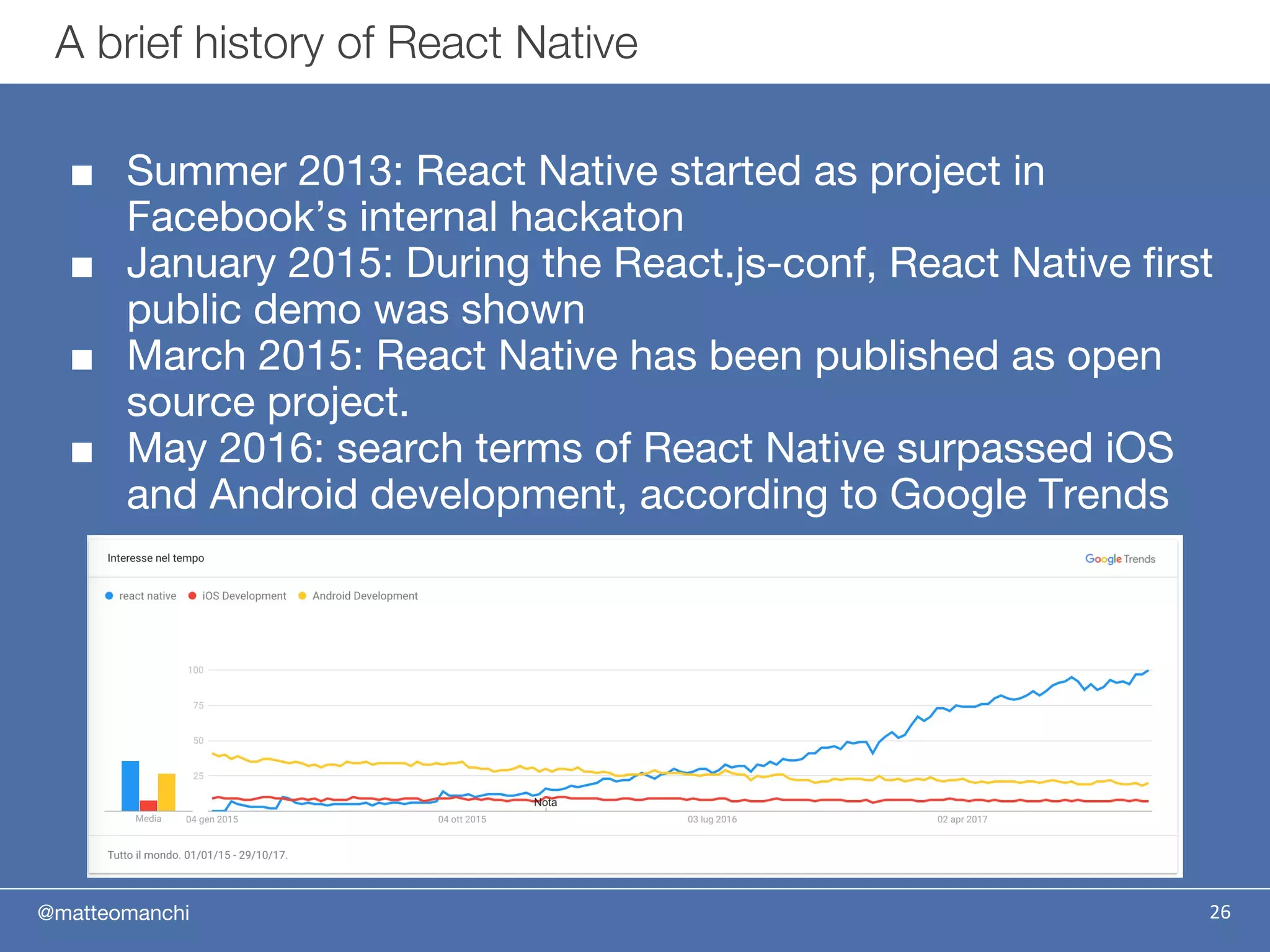 @matteomanchi
■ Summer 2013: React Native started as project in
Facebook’s internal hackaton
■ January 2015: During the React.js-conf, React Native first
public demo was shown
■ March 2015: React Native has been published as open
source project.
■ May 2016: search terms of React Native surpassed iOS
and Android development, according to Google Trends
A brief history of React Native
26
 