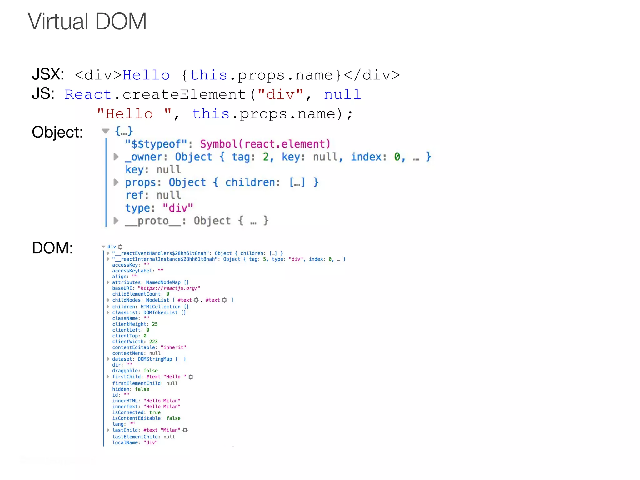 @matteomanchi
JSX: <div>Hello {this.props.name}</div>
JS: React.createElement("div", null,
"Hello ", this.props.name);
Object:
DOM:
33
Virtual DOM
 