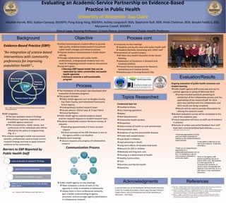 Evaluating an Academic-Service Partnership on Evidence-Based
Practice in Public Health
University of Wisconsin- Eau Claire
Maddie Hynek, BSG, Kaitlyn Conway; BSENPH; Pang Xiong-Yang, BSENPH, Ashley Longsdorf; BSN, Stephanie Bult, BSN, Heidi Chellman, BSN, Brooke Feddick, BSB,
Maryanne Cowell, BSENPH
Cheryl Lapp, Nursing Professor; Crispin Pierce, Environmental Public Health Professor
Background
Evaluation/Results
Topics Researched
EBP integrates:
The best available research findings
Practitioner expertise, experience, and
available agency resources
The characteristics, needs, values, and
preferences of the individuals who will be
affected by the policy or programming
(Fig. 2) (2).
To achieve meaningful health and economic
benefits, professionals need to know current
research findings and how to apply research
evidence to the community (3).
Objective
References
Utilize interdisciplinary student efforts to provide
high quality, evidence-based research to promote
public health changes and influence policies
Improve evidence-based practice in public health
settings
Through collaboration with public health
professionals, undergraduate students learn the
need for integrating research evidence into practice
Long-term goals:
Develop EBP based model that can be
replicated by other universities and public
health agencies
Advance towards a self-sustainable
program
Ongoing evaluation of public health outcomes and
student learning
Public health agency staff survey was sent out to
partner agencies in spring of 2014 and 2015
Survey included questions pertaining to
satisfaction of the collaborative process and the
applicability of the research(staff for 2014
were very satisfied with the collaboration, and
2015 results are being compiled)
Results will be used to provide information for
refining the research model
Student evaluation survey will be completed at the
end of the academic year
Future evaluation will focus on staff use of evidence
in practice
Records of written and verbal feedback from staff
have been summarized(examples below)(public health agency
staff, personal communication, 2015).
(1) Bennett, C. (2009). Evidence-Based Practice. Advance Healthcare Network for Nurses. Retrieved
from http://nursing.advanceweb.com/Article/Evidence-Based-Practice-6.aspx
(2) Jacobs, J.A., Jones, E., Gabella, B. A., Spring, B., Brownson, R. C. (2012). Tools for Implementing an
Evidence-Based Approach in Public Health Practice. Centers for Disease Control and Prevention-
Preventing Chronic Disease, 9. http://dx.doi.org/10.5888/pcd9.110324
(3) Mays, G., Hogg, R., Castellanos-Cruz, D., Hoover, A., Fowler, L. (2013). Public health research
implementation and translation: Evidence from practice-based research networks. American
Journal of Preventative Medicine, 45(6), 752-762.
A special thank you to the Northwest WI Area Health Education
Center for funding this project; Cheryl Lapp, Nursing Professor;
Crispin Pierce, and LTS Printing Services of the University of
Wisconsin – Eau Claire
Evidence-Based Practice (EBP):
“An integration of science-based
interventions with community
preferences for improving
population health”(2).
Condensed topic list
Foodborne illness
Dry Cleaning operations
Rabies
Well abandonment
Community Health workers
Mosquitoes
Determinates of health in rural communities
Immunization rates
Incidence of vaccine preventable diseases
Private well contamination
Lead levels in Children
Lead poisoning in Adults
Long term effects of elevated lead levels
Reasons for falls in children
Medicaid and long term care
Housing as a determinant of health
Healthy Communities
Ticks
Nutrition and Mental Health
Dementia
Best Available
Research
Patient/ Client Situation
Personal
Expertise
and
Experience
EBP
Lack of access to research findings
Lack of time and resources
Lack of administrative support
Default is to do it the way it has always
been done
Barriers to EBP Reported by
Public Health Staff
Acknowledgments
Fig. 1. Barriers to EBP reported by public health staff (1).
Fig. 2. EBP is a tool for incorporating multiple domains to improve policy
and programming (2).
Current research team-Maddie, Pang, Kaitlyn, Stephanie, Ashley, Heidi, and Brooke
Process
Communication Process
The framework of this project was developed after
evaluation of previous programs
This project includes:
Public health agencies such as Douglas County,
Eau Claire County, and Indianhead Community
Action Agency
Undergraduate student research team
Faculty advisor: Cheryl Lapp, & Crispin Pierce
Clinical facilitators
Public health agency submits evidence-based
practice research requests to student research team
Students individually conduct literature reviews of
requests
Spending approximately 4-6 hours on each
request
A final summary of the EBP literature is sent to
the agency within a set deadline
 Weekly team meetings
 Discuss requests and progress of collaborative
research
Agency
Staff
Agency
Contact
County
Liaisons
Research
Team
Leader
Research
Team
Members
Agency
Contact
Process cont.
 University on-site meetings
 Students and faculty meet with public health staff
 Students facilitate networking with UWEC staff
Presentation of research project
WI State Area Health Education Center Board
Meeting
Celebration of Excellence in Research and
Creativity (CERCA)
Provosts Honors Symposium for Research,
Scholarship and Creative Activity
Kaleidoscope of Nursing Research Day
 Public health agency on-site meetings
 Team schedules a series of visits to the
agencies in order to establish a relationship
 Allows team to form professional networks,
gain a better understanding of agency
processes, and encourages agency participation
in collaborative research
“Extremely appreciative of all the
work your team conducted for
helping us with research/evidence-
based practice”
“Thank you for supporting the
opportunity for a
collaboration/partnership such as
this! It’s refreshing to see so
many students interested in
community health.”
“Each of the agency staff
learned something new at our
visit to UWEC and was exposed
to a new opportunity, or
connected with someone on
campus which reinvigorated the
essence of the work they do on a
daily basis in rural, northwestern
Wisconsin.”
“It was great to meet you on my
visit to your campus. It was very
informative.”
 