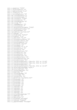 seta   r_maxpolys "1800"
seta   r_directedScale "1"
seta   r_ambientScale "0.6"
seta   r_intensity "1"
seta   r_colorMipLevels "0"
seta   net_socksPassword ""
seta   net_socksUsername ""
seta   net_socksPort "1080"
seta   net_socksServer ""
seta   net_socksEnabled "0"
seta   net_noudp "0"
seta   ui_ingameMaster "0"
seta   ui_currentmodel ""
seta   ui_serverStatusTimeOut "7000"
seta   ui_teamArenaFirstRun "1"
seta   ui_recordSPDemo "0"
seta   cg_hudFiles "ui/hud.txt"
seta   ui_q3model "0"
seta   ui_findPlayer "n3xon"
seta   ui_bigFont "0.4"
seta   ui_smallFont "0.25"
seta   ui_scoreShutoutBonus "0"
seta   ui_scoreSkillBonus "0"
seta   ui_scoreTimeBonus "0"
seta   ui_scoreTime "00:00"
seta   ui_scoreBase "0"
seta   ui_scoreTeam "0 to 0"
seta   ui_scorePerfect "0"
seta   ui_scoreScore "0"
seta   ui_scoreGauntlets "0"
seta   ui_scoreAssists "0"
seta   ui_scoreDefends "0"
seta   ui_scoreCaptures "0"
seta   ui_scoreExcellents "0"
seta   ui_scoreImpressives "0"
seta   ui_scoreAccuracy "0%"
seta   ui_lastServerRefresh_3 "Nov-24, 2012 at 12:58"
seta   ui_lastServerRefresh_2 "Nov-24, 2012 at 12:49"
seta   ui_lastServerRefresh_1 ""
seta   ui_lastServerRefresh_0 "Nov-24, 2012 at 12:34"
seta   cg_selectedPlayerName "syck."
seta   cg_selectedPlayer "3"
seta   ui_currentOpponent "0"
seta   ui_mapIndex "0"
seta   ui_currentNetMap "0"
seta   ui_currentMap "0"
seta   ui_currentTier "0"
seta   ui_menuFiles "ui/menus.txt"
seta   ui_blueteam5 "0"
seta   ui_blueteam4 "0"
seta   ui_blueteam3 "0"
seta   ui_blueteam2 "0"
seta   ui_blueteam1 "0"
seta   ui_redteam5 "0"
seta   ui_redteam4 "0"
seta   ui_redteam3 "0"
seta   ui_redteam2 "0"
seta   ui_redteam1 "0"
seta   ui_actualNetGametype "7"
seta   ui_gametype "3"
seta   ui_dedicated "0"
seta   ui_blueteam "Stroggs"
seta   ui_redteam "Pagans"
seta   ui_opponentName "Stroggs"
 